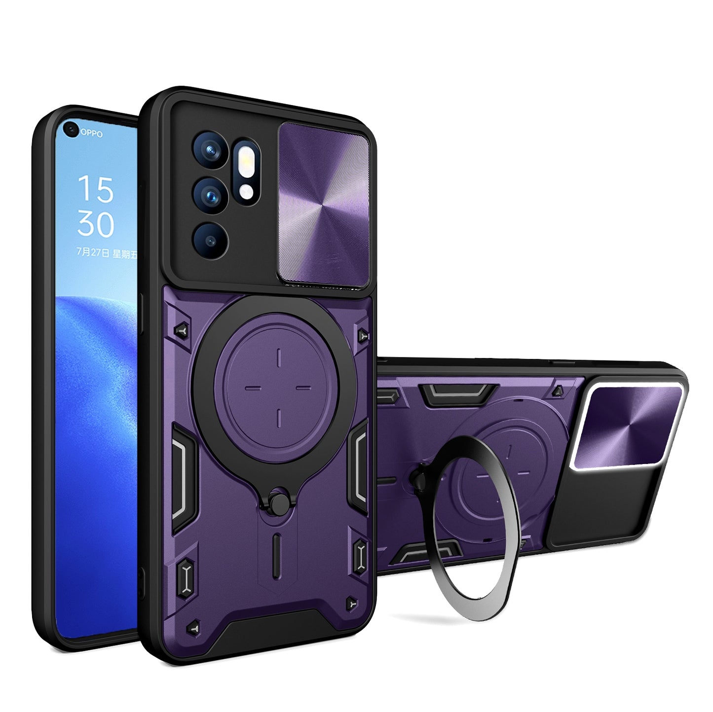 OPPO Reno 6 4G Magnetic Holder CD Texture Sliding Camshield Phone Case, TPU PC Shockproof Cover