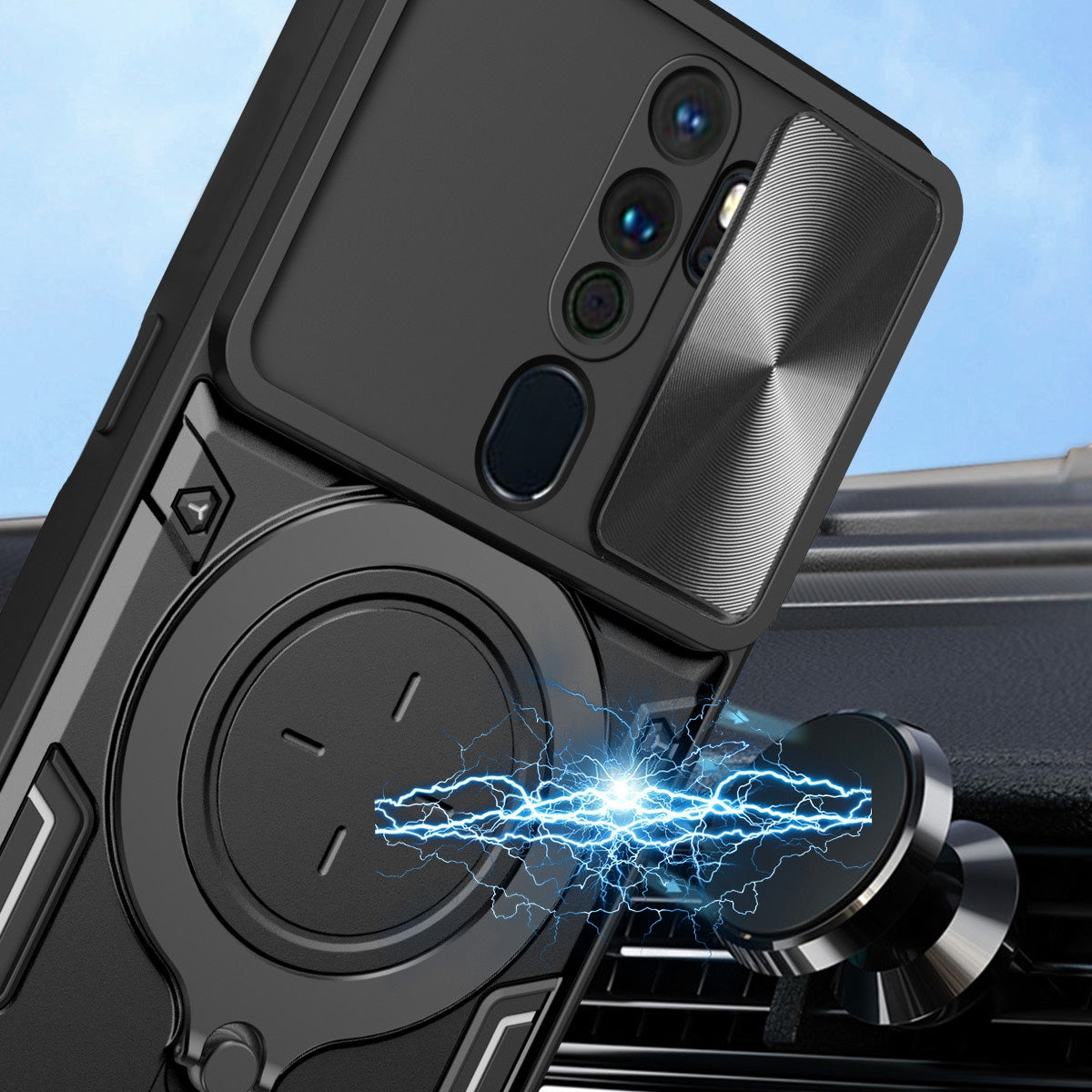 OPPO A9 2020 Magnetic Holder CD Texture Sliding Camshield Phone Case, TPU PC Shockproof Cover