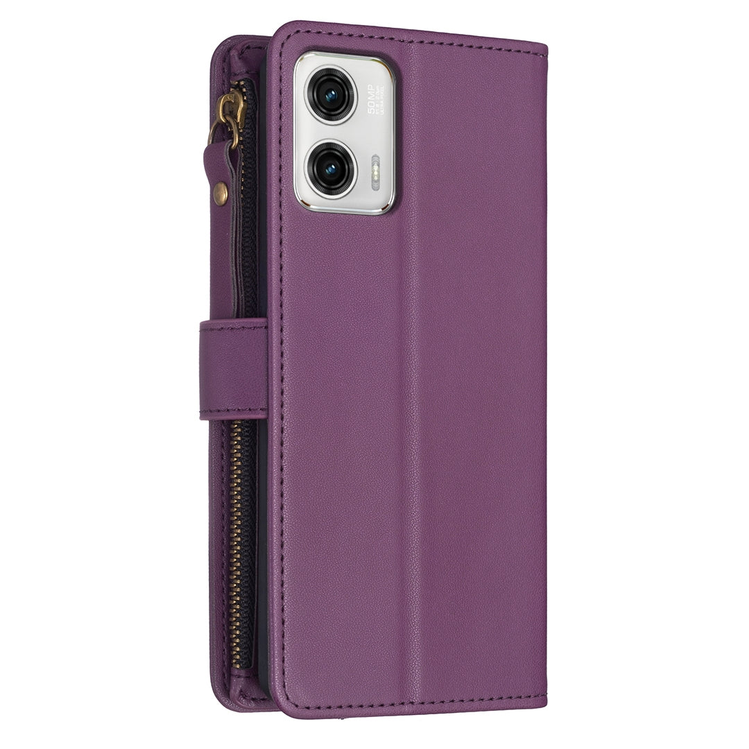 Motorola Moto G73 5G Leather Flip Phone Case with 9 Card Slots, Zipper Wallet & Detachable Wristlet Strap