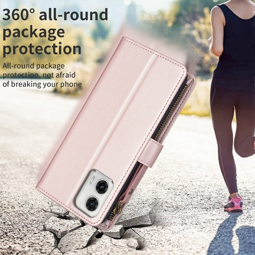 Motorola Moto G73 5G Leather Flip Phone Case with 9 Card Slots, Zipper Wallet & Detachable Wristlet Strap