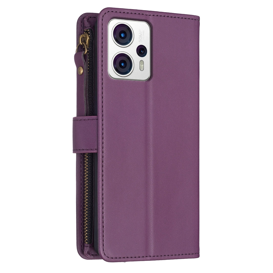 Motorola Moto G23 4G Leather Flip Phone Case with 9 Card Slots, Zipper Wallet & Detachable Wristlet Strap