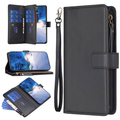 Motorola Edge 40 Leather Flip Phone Case with 9 Card Slots, Zipper Wallet & Detachable Wristlet Strap