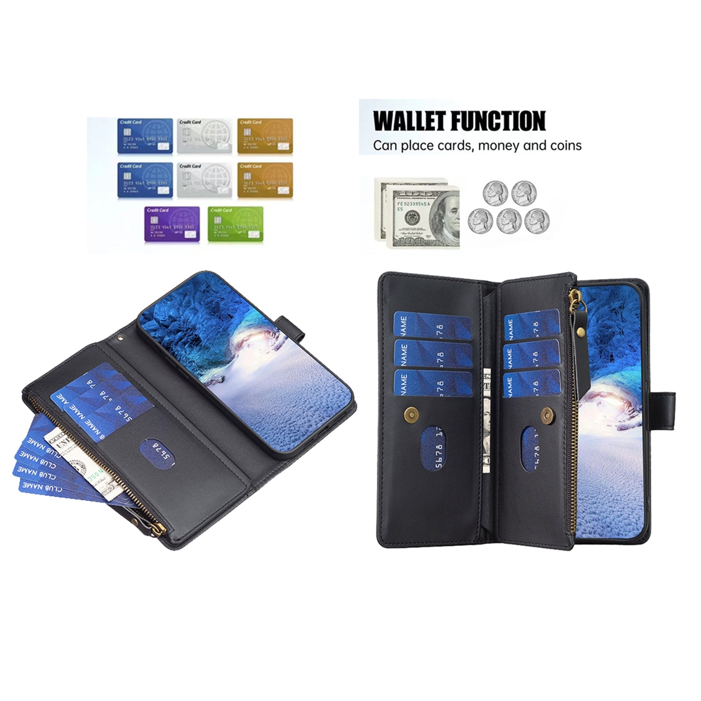 Motorola Edge 40 Leather Flip Phone Case with 9 Card Slots, Zipper Wallet & Detachable Wristlet Strap