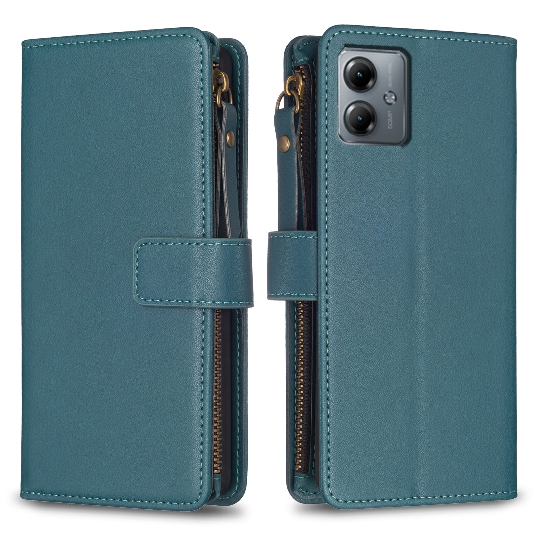 Motorola Moto G14 4G Leather Flip Phone Case with 9 Card Slots, Zipper Wallet & Detachable Wristlet Strap