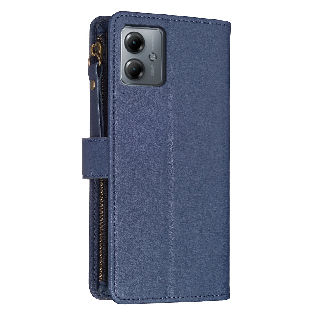 Motorola Moto G14 4G Leather Flip Phone Case with 9 Card Slots, Zipper Wallet & Detachable Wristlet Strap