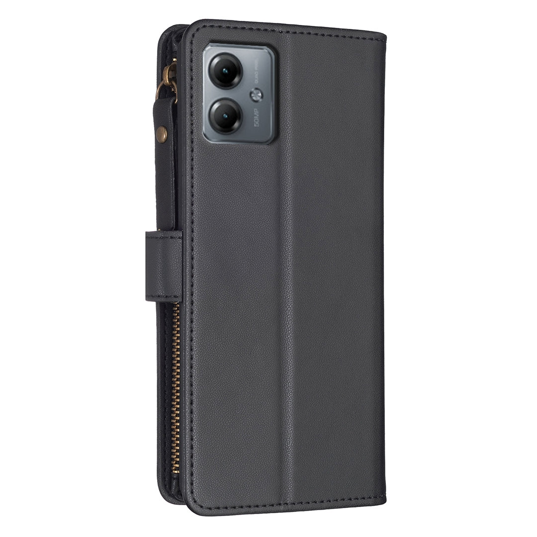 Motorola Moto G14 4G Leather Flip Phone Case with 9 Card Slots, Zipper Wallet & Detachable Wristlet Strap