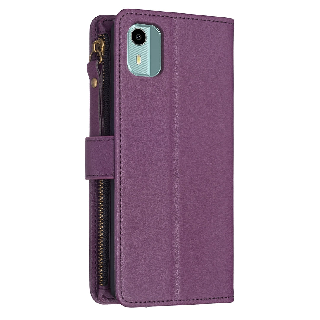 Nokia C12 Leather Flip Phone Case with 9 Card Slots, Zipper Wallet & Detachable Wristlet Strap