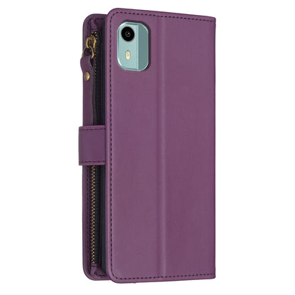 Nokia C12 Leather Flip Phone Case with 9 Card Slots, Zipper Wallet & Detachable Wristlet Strap