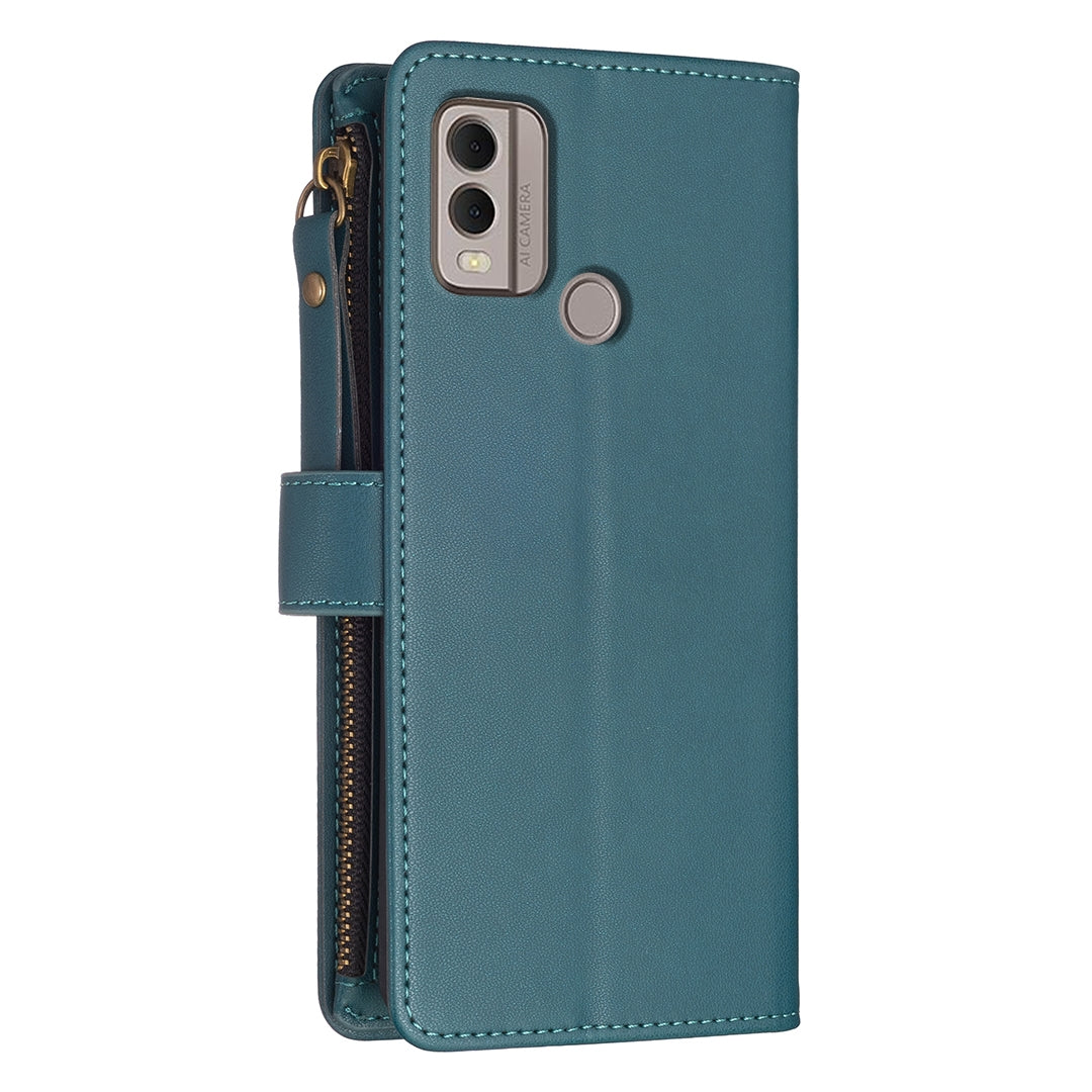 Nokia C22 Leather Flip Phone Case with 9 Card Slots, Zipper Wallet & Detachable Wristlet Strap