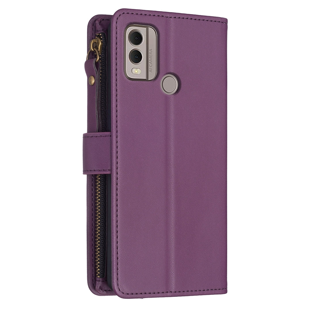 Nokia C22 Leather Flip Phone Case with 9 Card Slots, Zipper Wallet & Detachable Wristlet Strap