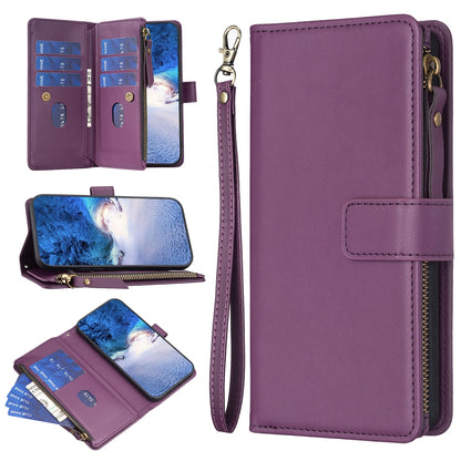 Nokia C22 Leather Flip Phone Case with 9 Card Slots, Zipper Wallet & Detachable Wristlet Strap