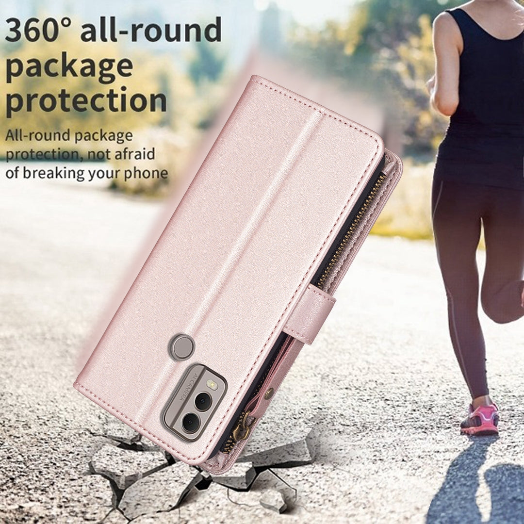Nokia C22 Leather Flip Phone Case with 9 Card Slots, Zipper Wallet & Detachable Wristlet Strap