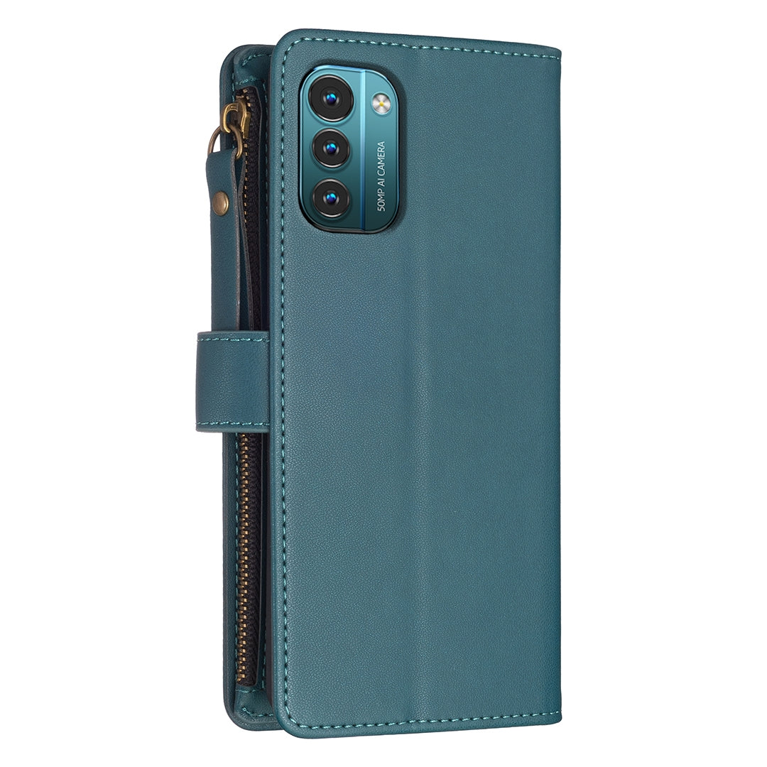 Nokia G21 Leather Flip Phone Case with 9 Card Slots, Zipper Wallet & Detachable Wristlet Strap