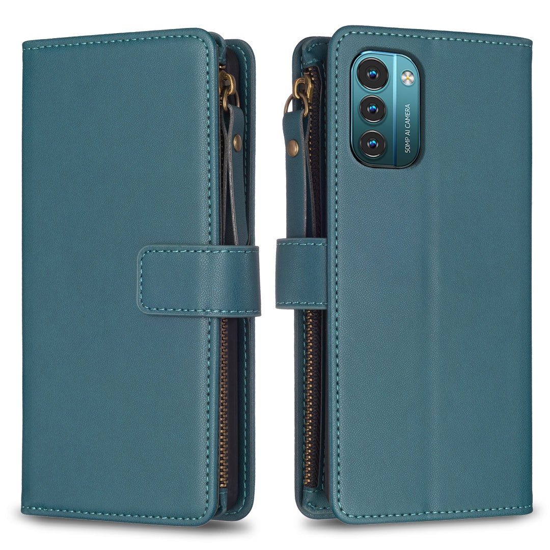 Nokia G11 Leather Flip Phone Case with 9 Card Slots, Zipper Wallet & Detachable Wristlet Strap