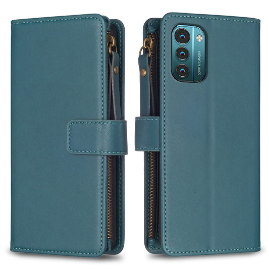 Nokia G11 Leather Flip Phone Case with 9 Card Slots, Zipper Wallet & Detachable Wristlet Strap