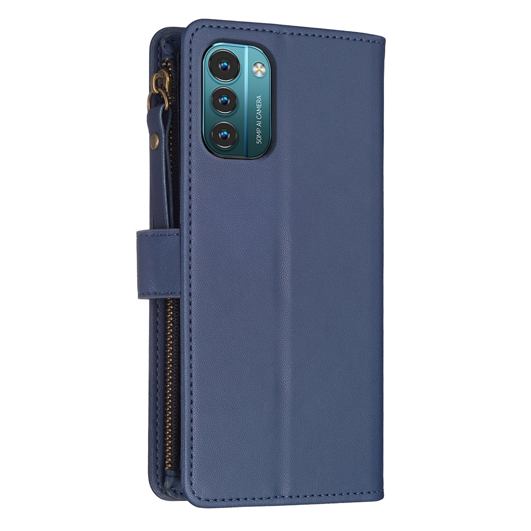 Nokia G21 Leather Flip Phone Case with 9 Card Slots, Zipper Wallet & Detachable Wristlet Strap