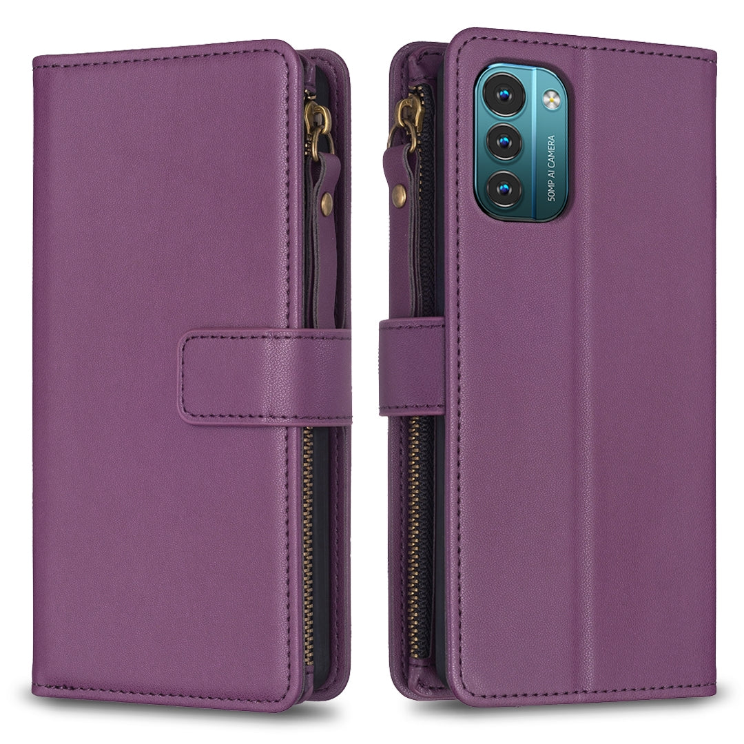 Nokia G21 Leather Flip Phone Case with 9 Card Slots, Zipper Wallet & Detachable Wristlet Strap