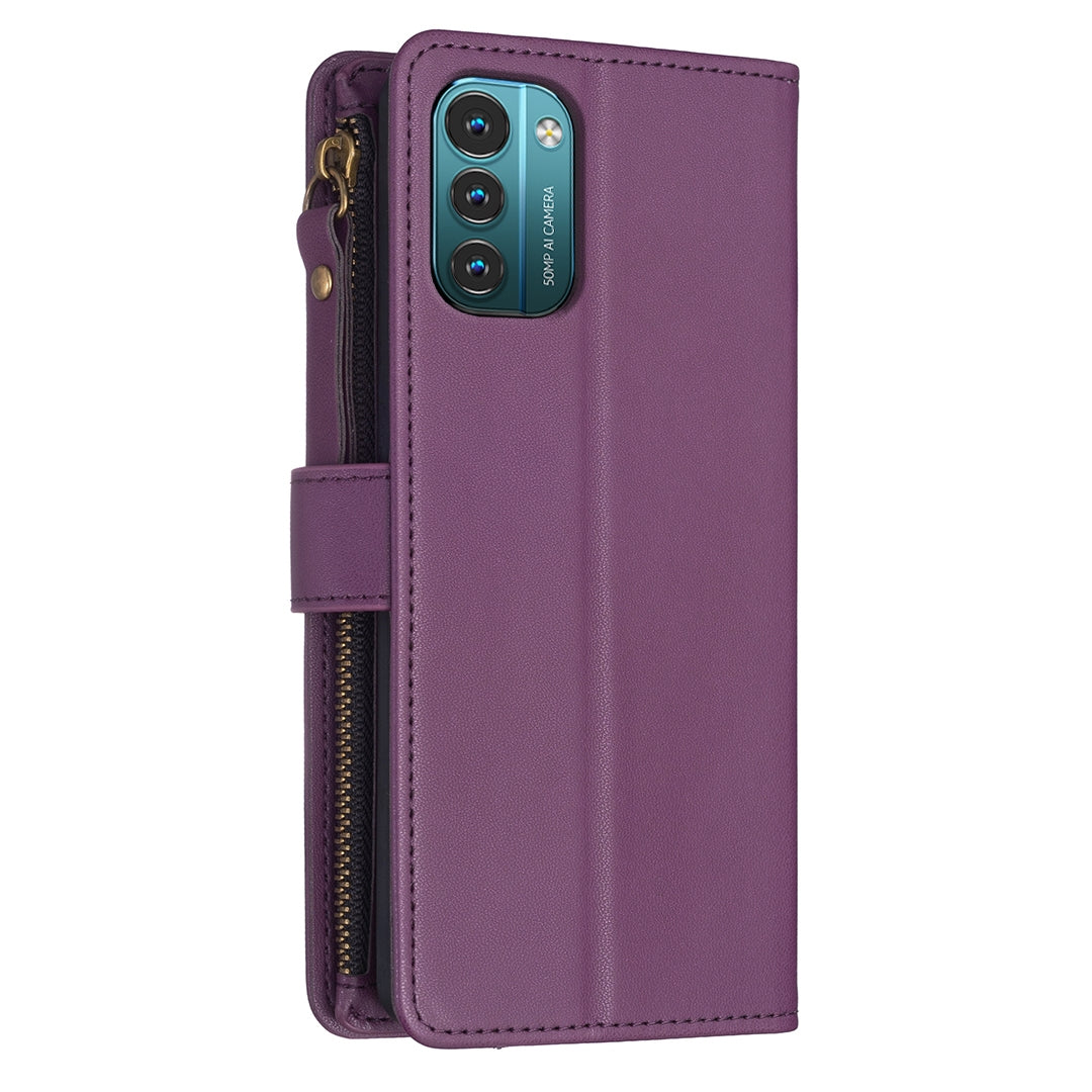 Nokia G11 Leather Flip Phone Case with 9 Card Slots, Zipper Wallet & Detachable Wristlet Strap