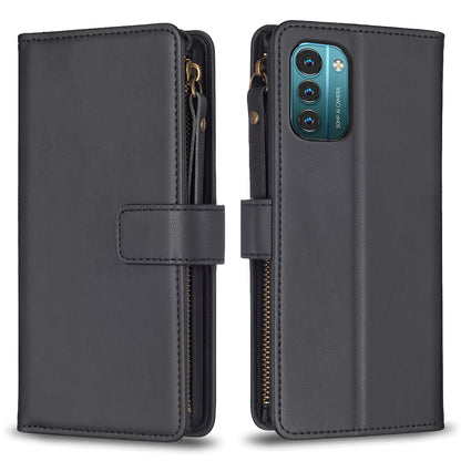 Nokia G21 Leather Flip Phone Case with 9 Card Slots, Zipper Wallet & Detachable Wristlet Strap