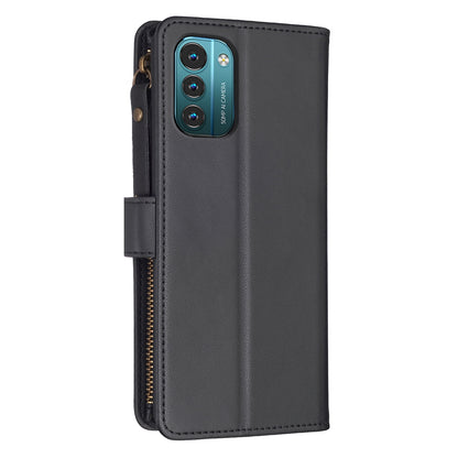 Nokia G21 Leather Flip Phone Case with 9 Card Slots, Zipper Wallet & Detachable Wristlet Strap