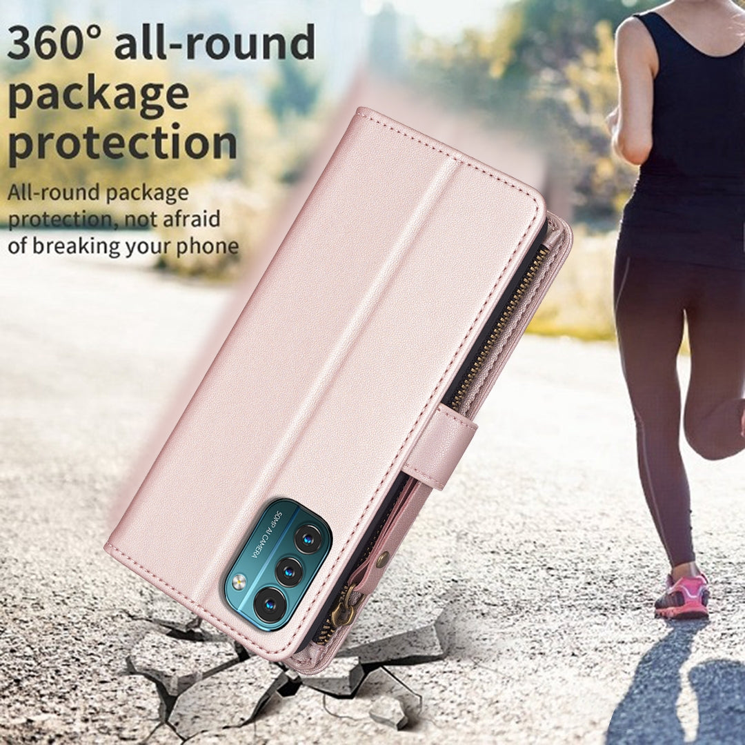 Nokia G21 Leather Flip Phone Case with 9 Card Slots, Zipper Wallet & Detachable Wristlet Strap