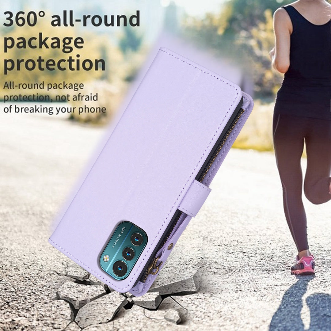 Nokia G11 Leather Flip Phone Case with 9 Card Slots, Zipper Wallet & Detachable Wristlet Strap
