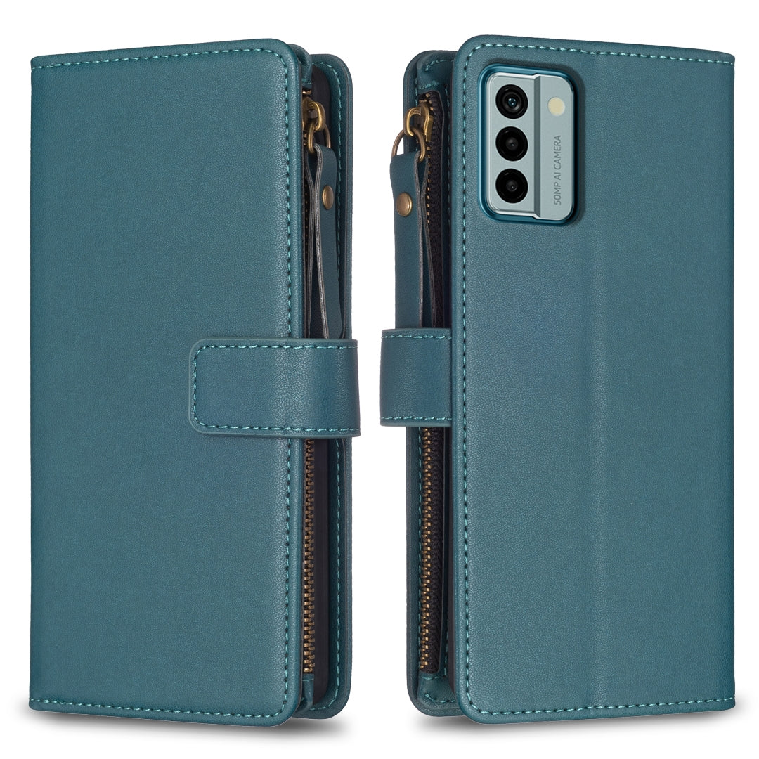 Nokia G22 Leather Flip Phone Case with 9 Card Slots, Zipper Wallet & Detachable Wristlet Strap