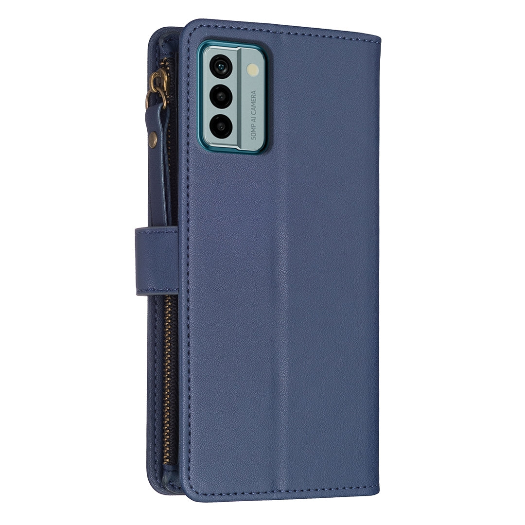 Nokia G22 Leather Flip Phone Case with 9 Card Slots, Zipper Wallet & Detachable Wristlet Strap
