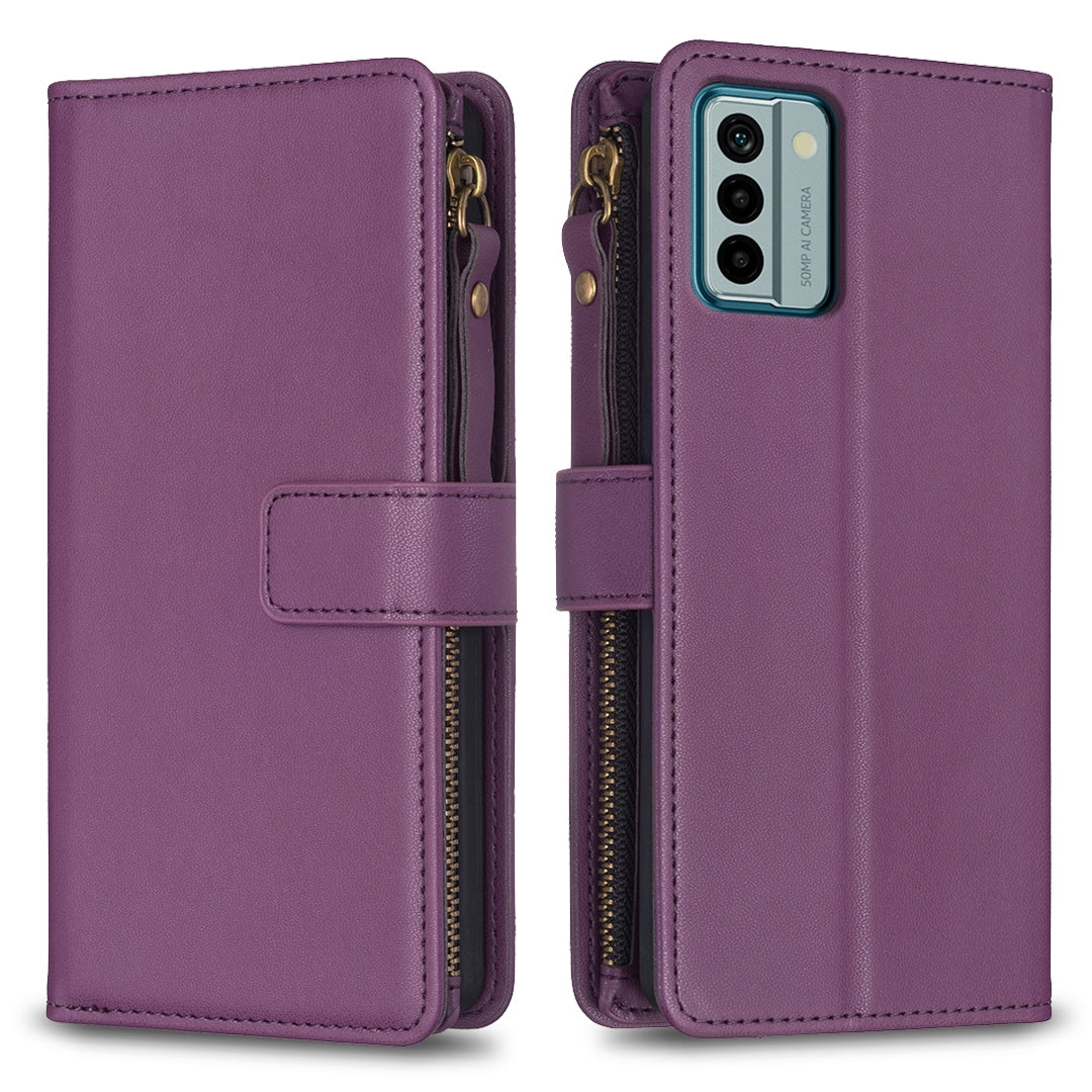 Nokia G22 Leather Flip Phone Case with 9 Card Slots, Zipper Wallet & Detachable Wristlet Strap