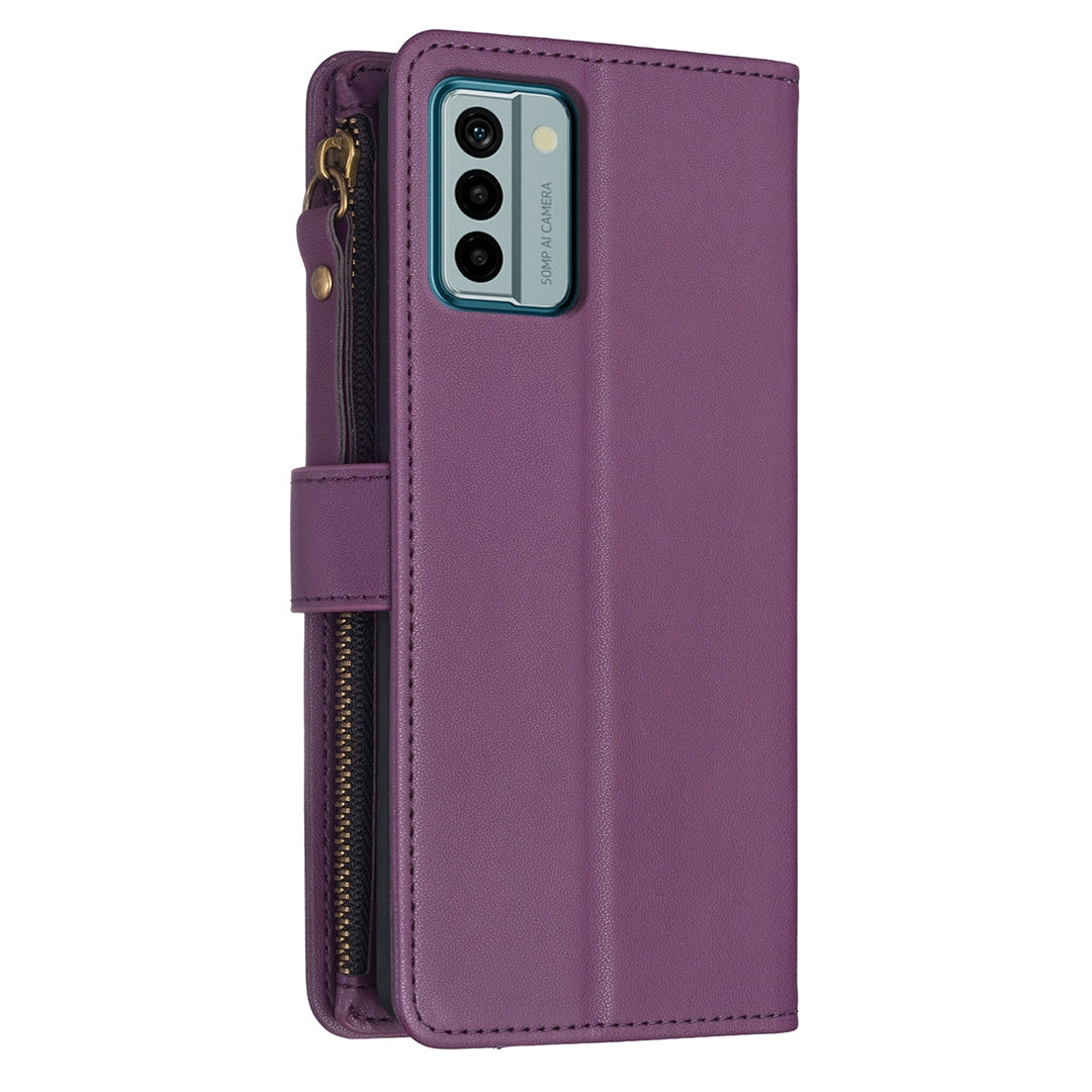 Nokia G22 Leather Flip Phone Case with 9 Card Slots, Zipper Wallet & Detachable Wristlet Strap