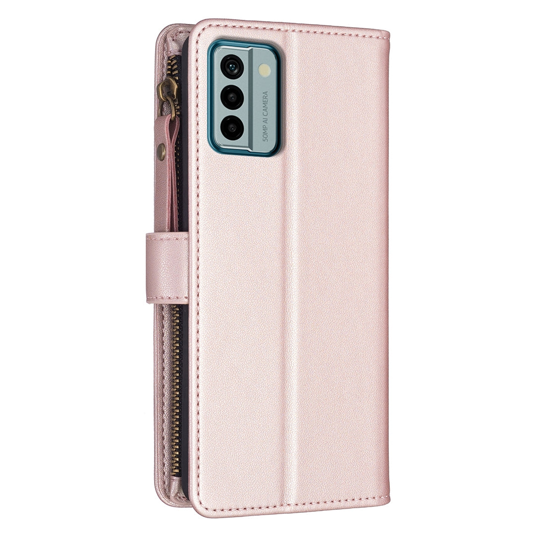 Nokia G22 Leather Flip Phone Case with 9 Card Slots, Zipper Wallet & Detachable Wristlet Strap