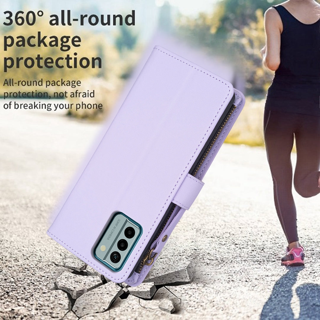 Nokia G22 Leather Flip Phone Case with 9 Card Slots, Zipper Wallet & Detachable Wristlet Strap