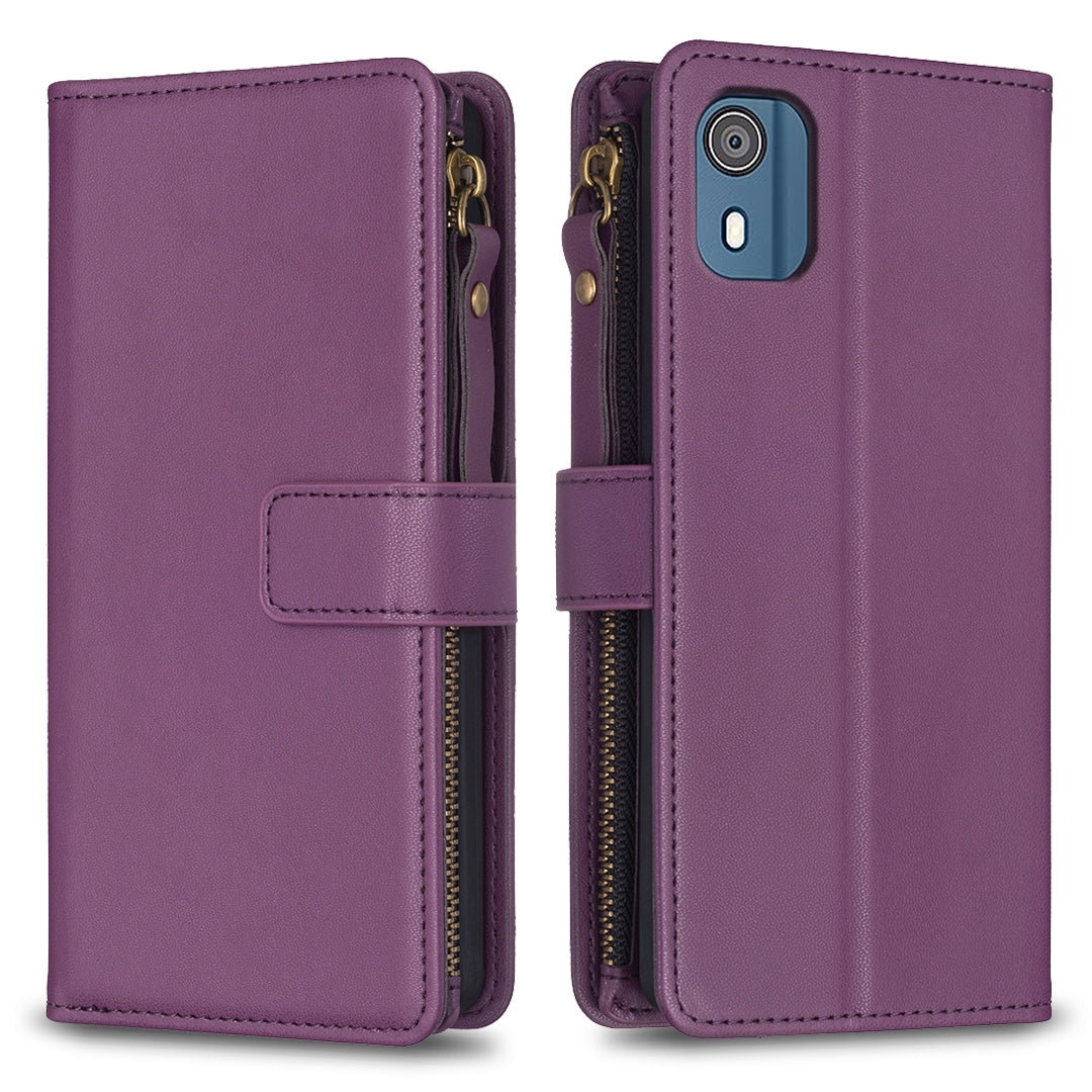 Nokia C02 Leather Flip Phone Case with 9 Card Slots, Zipper Wallet & Detachable Wristlet Strap