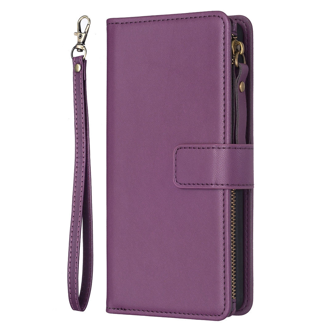 Nokia C02 Leather Flip Phone Case with 9 Card Slots, Zipper Wallet & Detachable Wristlet Strap