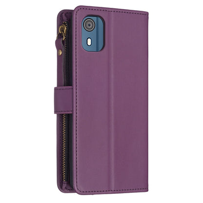 Nokia C02 Leather Flip Phone Case with 9 Card Slots, Zipper Wallet & Detachable Wristlet Strap