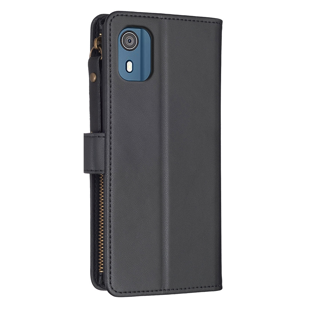 Nokia C02 Leather Flip Phone Case with 9 Card Slots, Zipper Wallet & Detachable Wristlet Strap