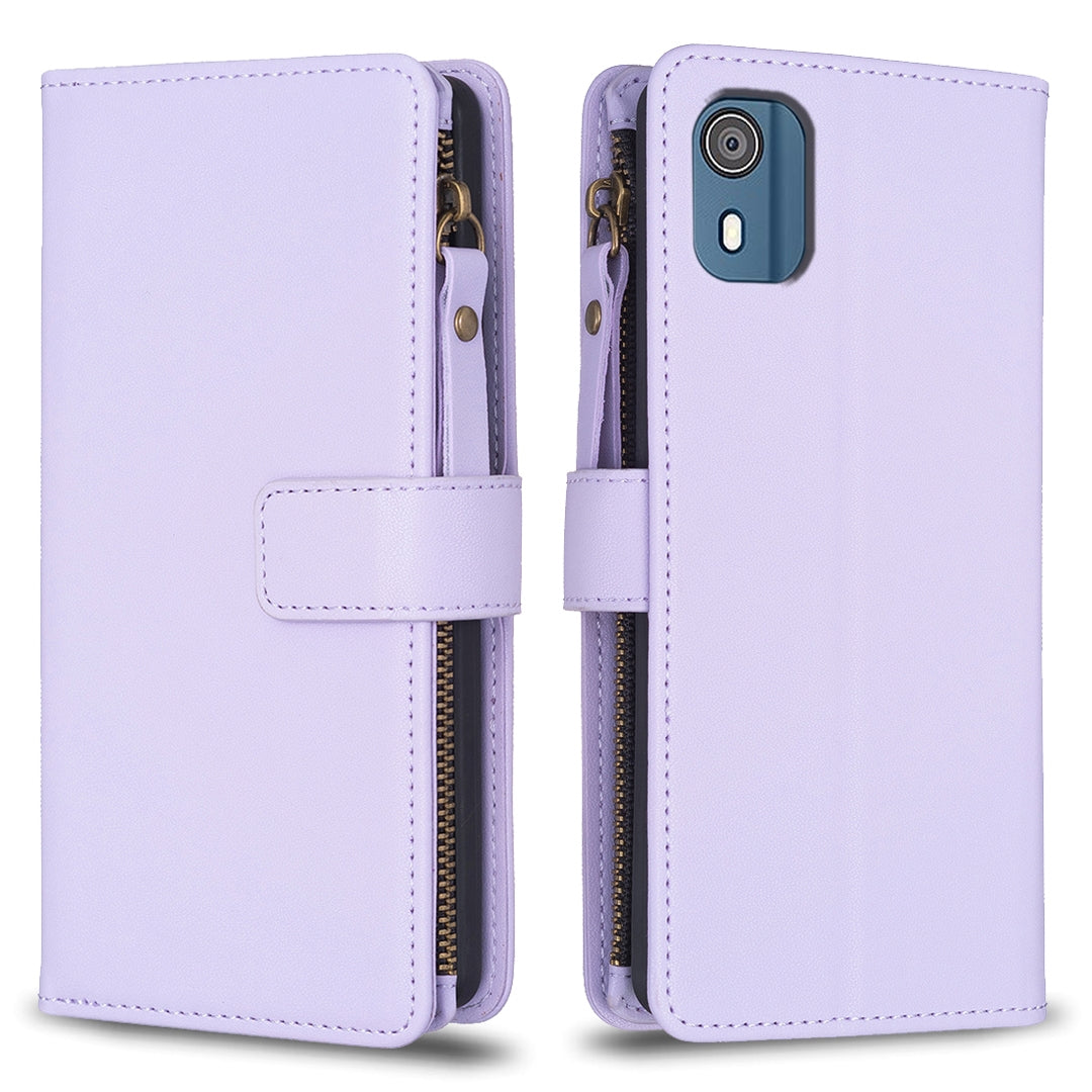 Nokia C02 Leather Flip Phone Case with 9 Card Slots, Zipper Wallet & Detachable Wristlet Strap