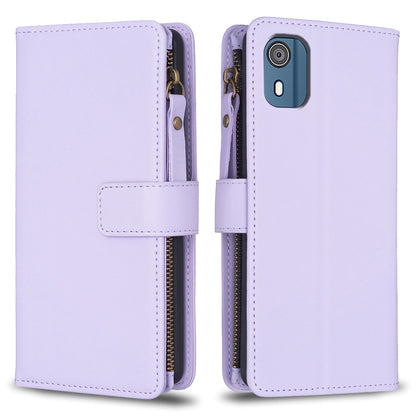 Nokia C02 Leather Flip Phone Case with 9 Card Slots, Zipper Wallet & Detachable Wristlet Strap
