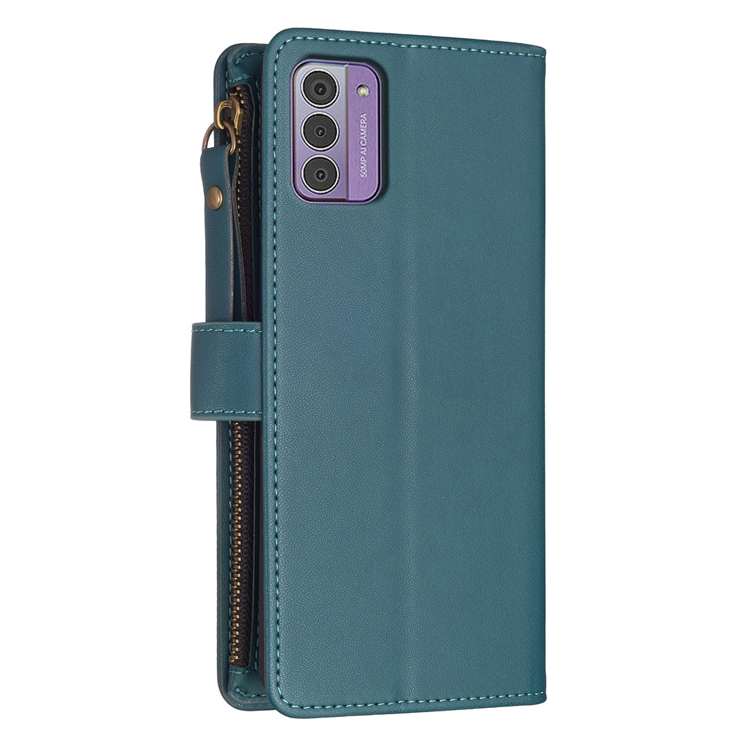 Nokia G42 Leather Flip Phone Case with 9 Card Slots, Zipper Wallet & Detachable Wristlet Strap