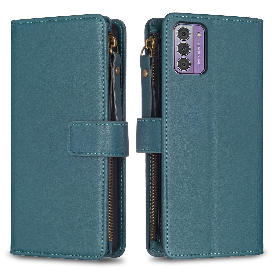 Nokia G310 Leather Flip Phone Case with 9 Card Slots, Zipper Wallet & Detachable Wristlet Strap