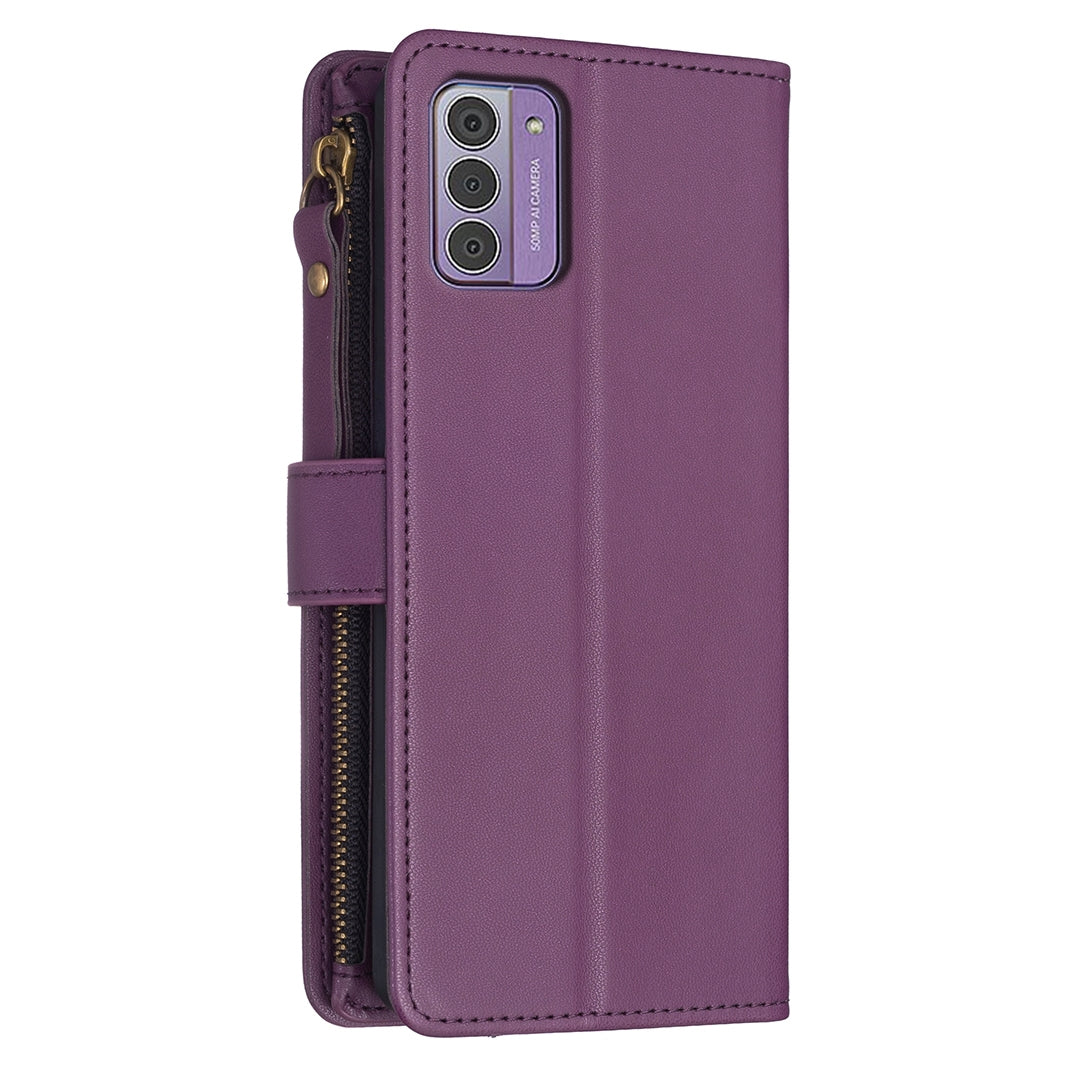 Nokia G42 Leather Flip Phone Case with 9 Card Slots, Zipper Wallet & Detachable Wristlet Strap