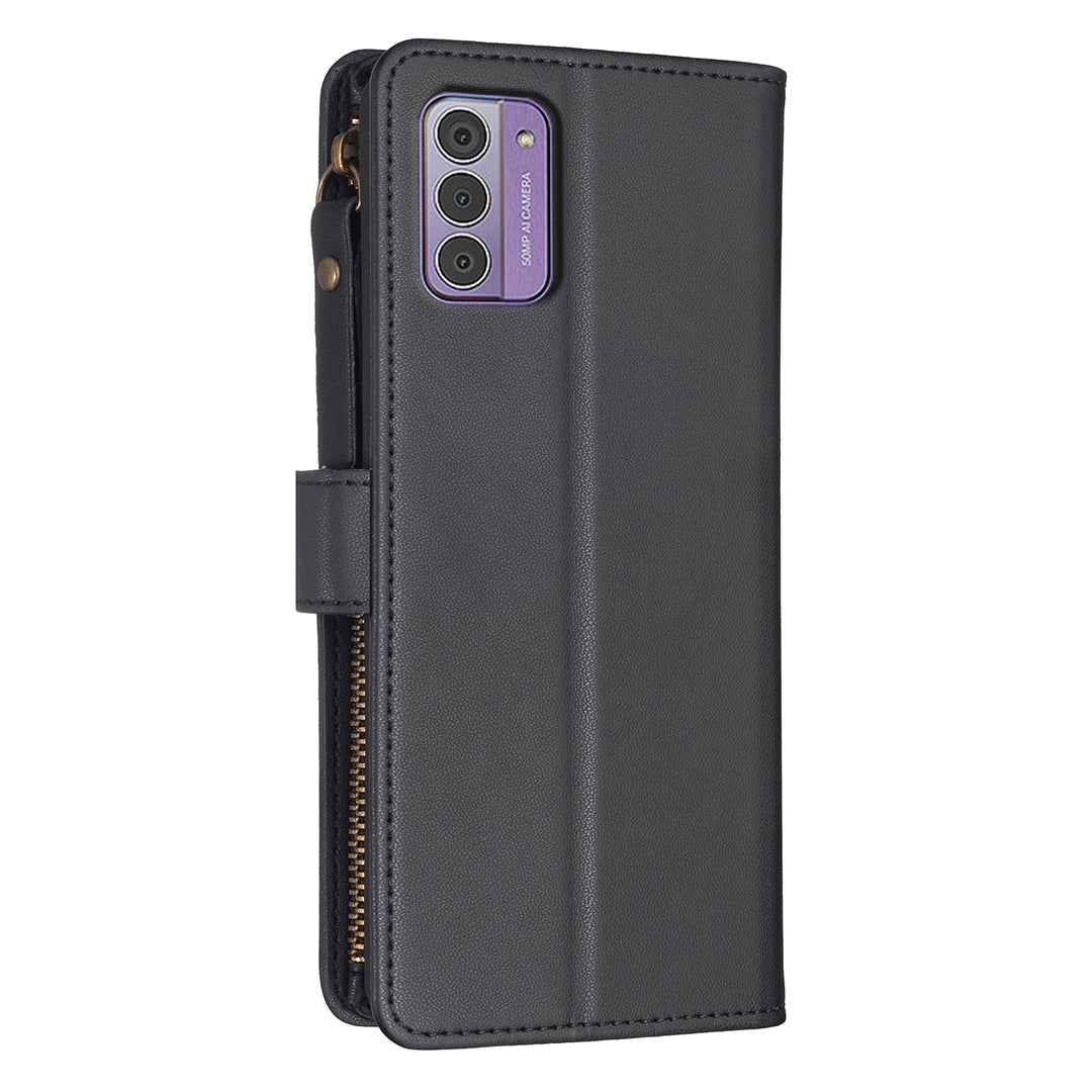 Nokia G42 Leather Flip Phone Case with 9 Card Slots, Zipper Wallet & Detachable Wristlet Strap