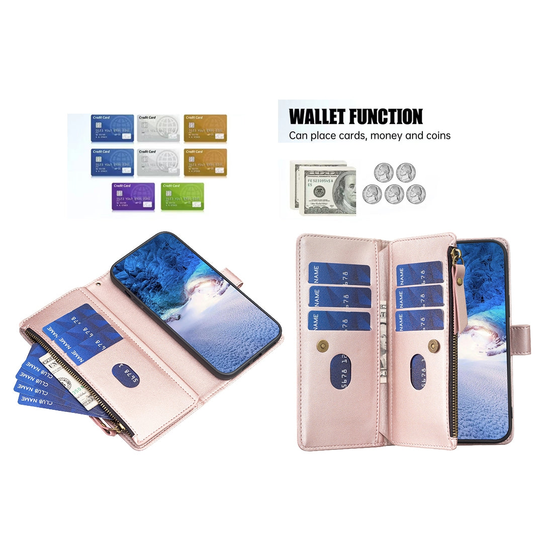Nokia G42 Leather Flip Phone Case with 9 Card Slots, Zipper Wallet & Detachable Wristlet Strap
