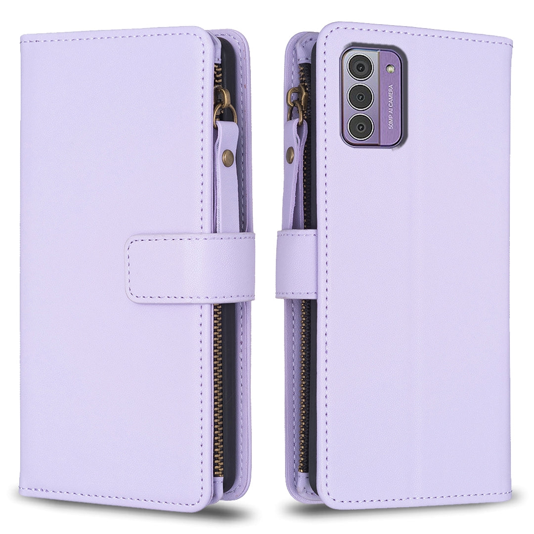 Nokia G310 Leather Flip Phone Case with 9 Card Slots, Zipper Wallet & Detachable Wristlet Strap