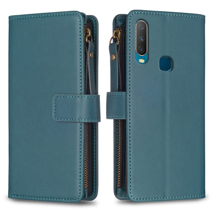 vivo Y11 Leather Flip Phone Case with 9 Card Slots, Zipper Wallet & Detachable Wristlet Strap