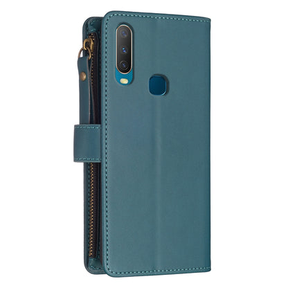vivo Y11 Leather Flip Phone Case with 9 Card Slots, Zipper Wallet & Detachable Wristlet Strap