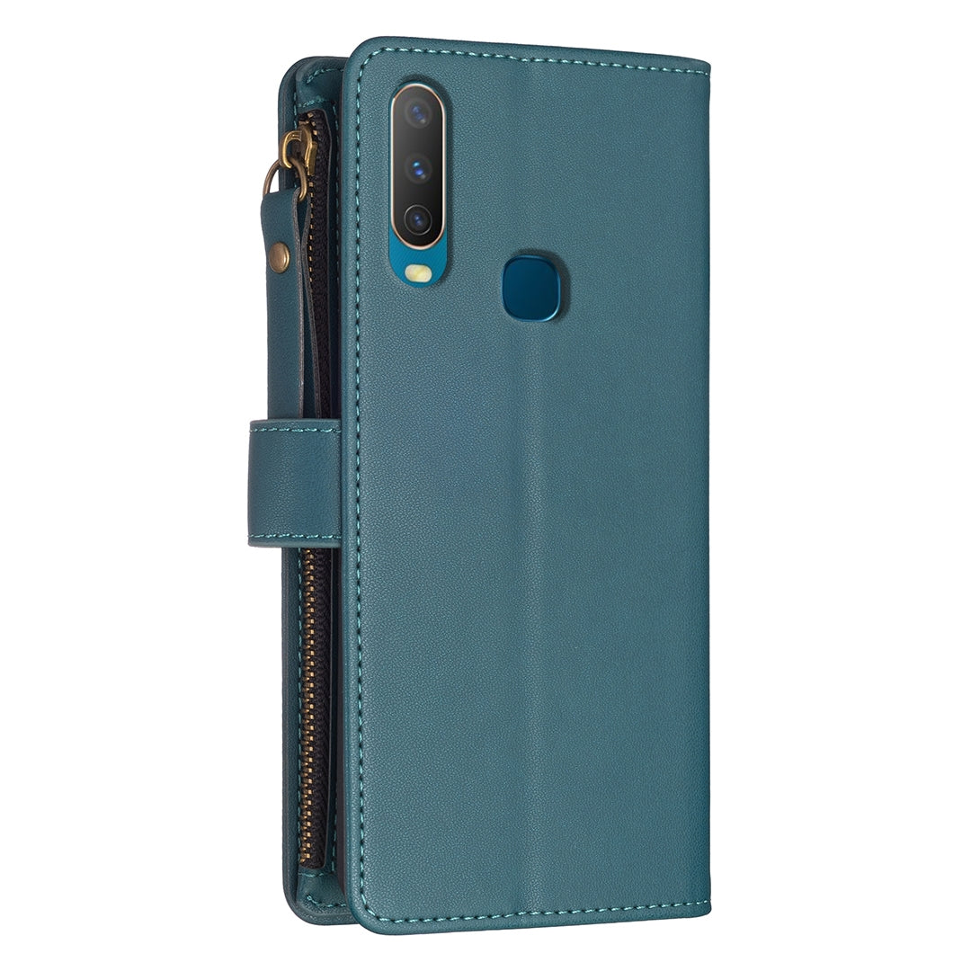 vivo Y15 Leather Flip Phone Case with 9 Card Slots, Zipper Wallet & Detachable Wristlet Strap