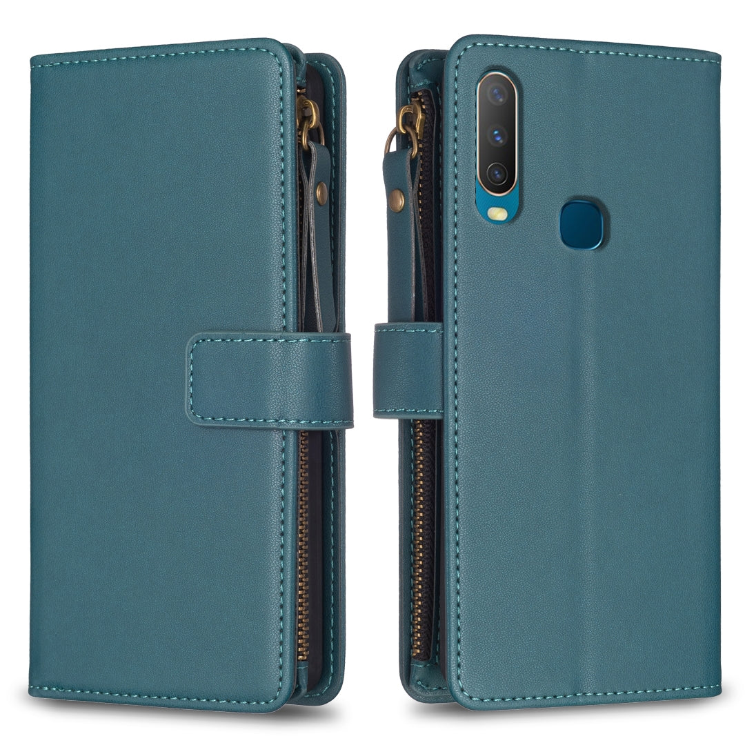 vivo Y15 Leather Flip Phone Case with 9 Card Slots, Zipper Wallet & Detachable Wristlet Strap