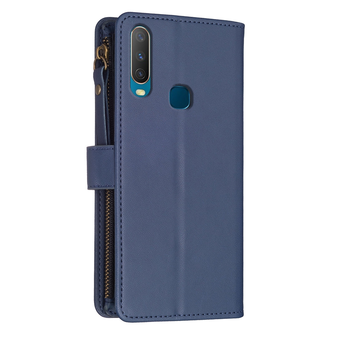 vivo Y17 Leather Flip Phone Case with 9 Card Slots, Zipper Wallet & Detachable Wristlet Strap