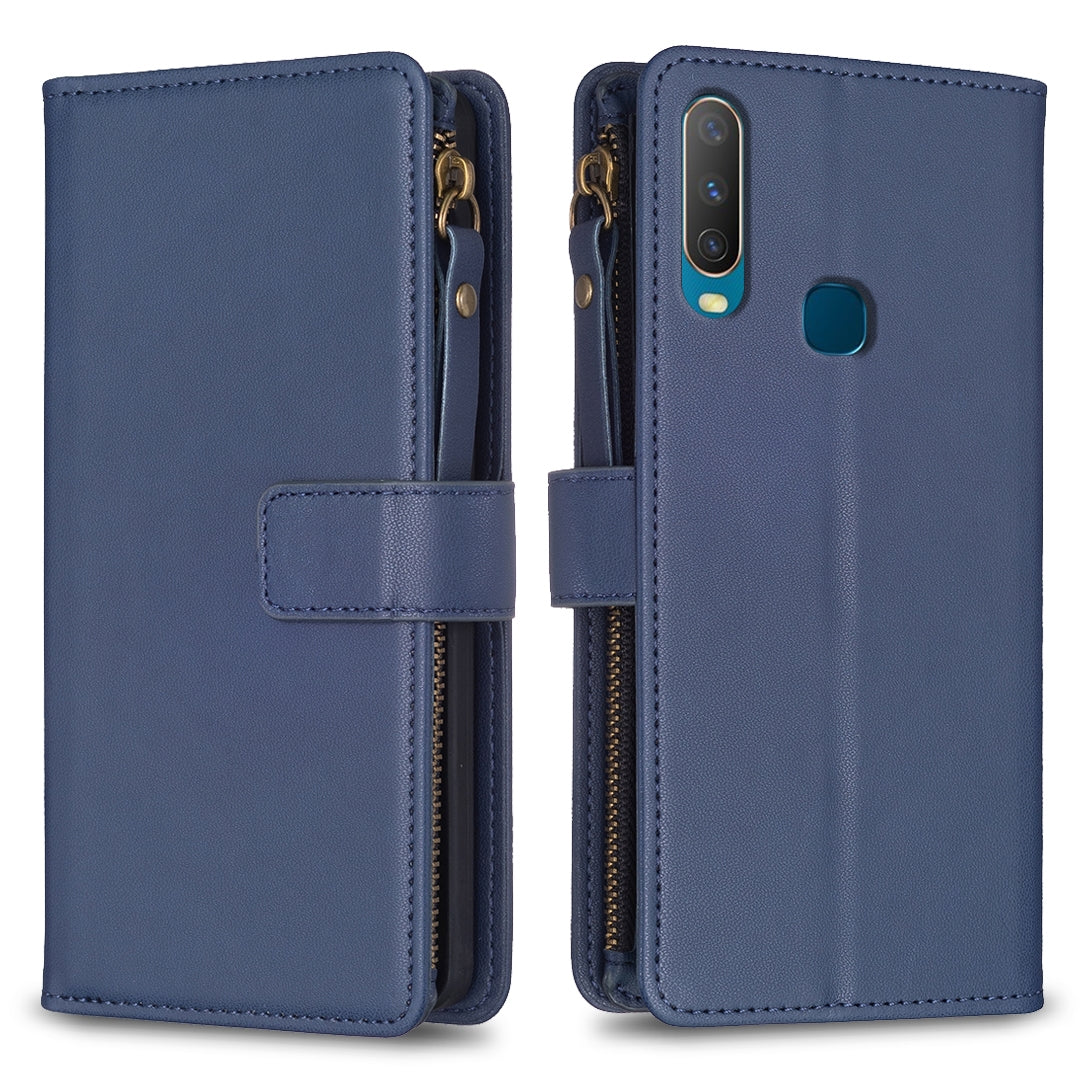 vivo Y12 Leather Flip Phone Case with 9 Card Slots, Zipper Wallet & Detachable Wristlet Strap